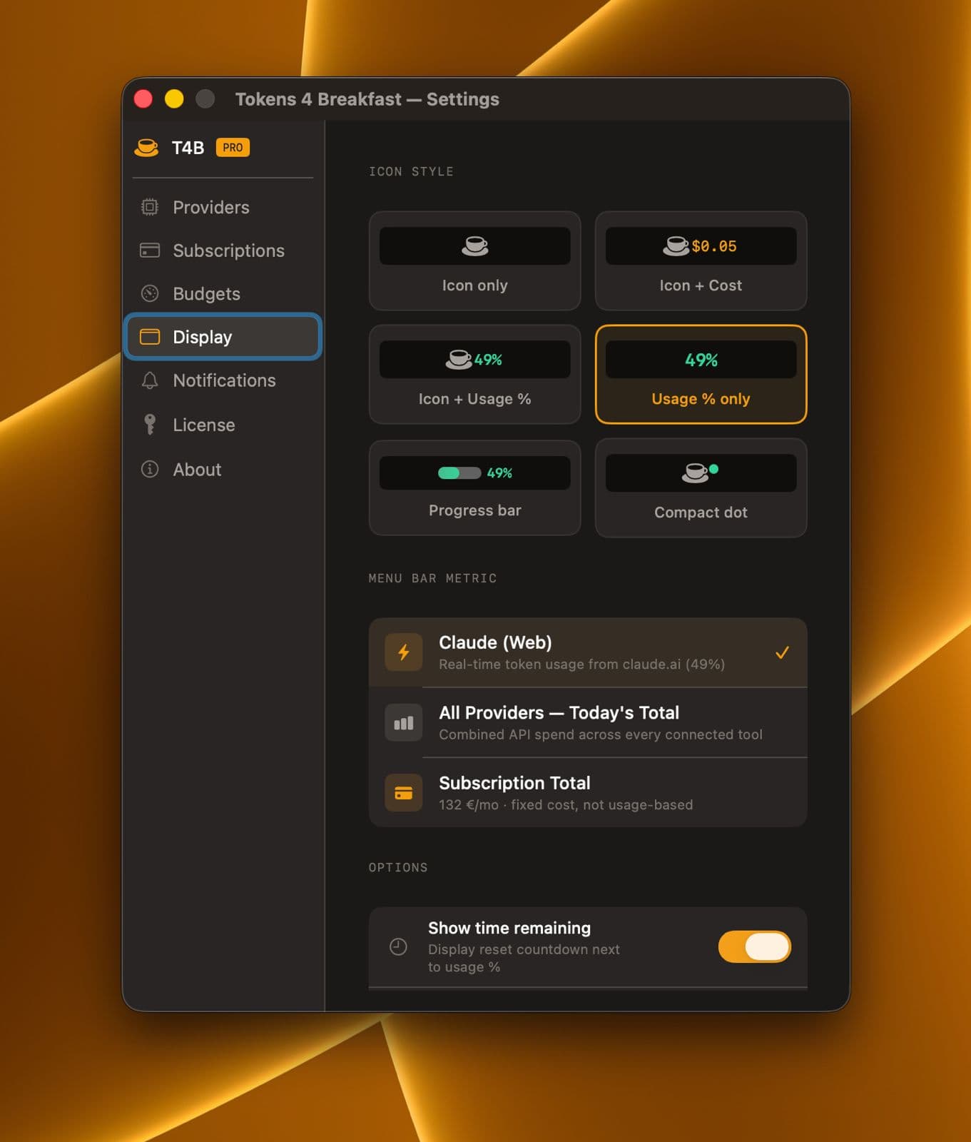 Tokens 4 Breakfast display settings showing menu bar icon styles and subscription total metric selection.