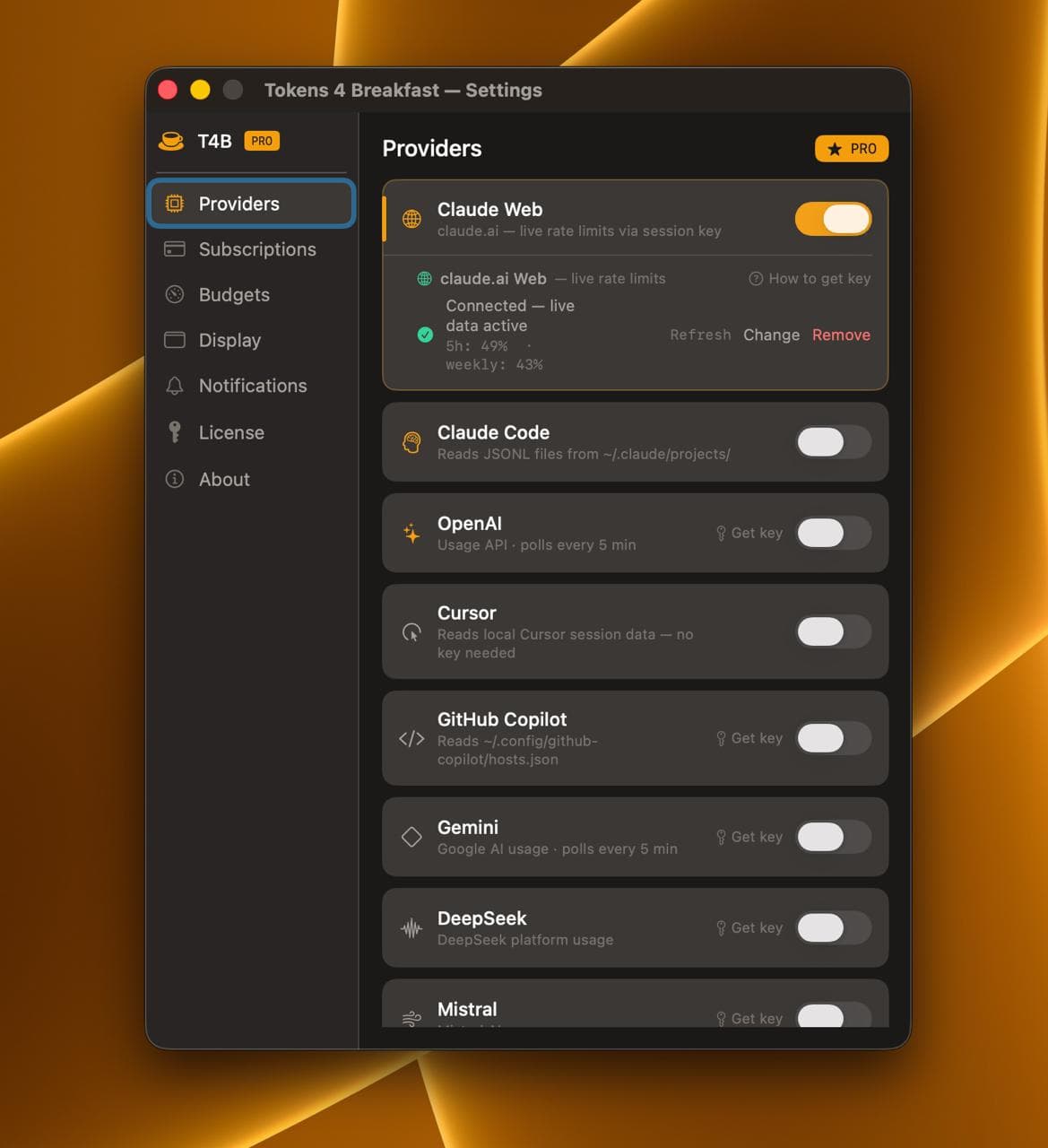 Tokens 4 Breakfast provider settings showing Claude Web, Claude Code, OpenAI, Cursor, GitHub Copilot, Gemini, DeepSeek, and Mistral connections.