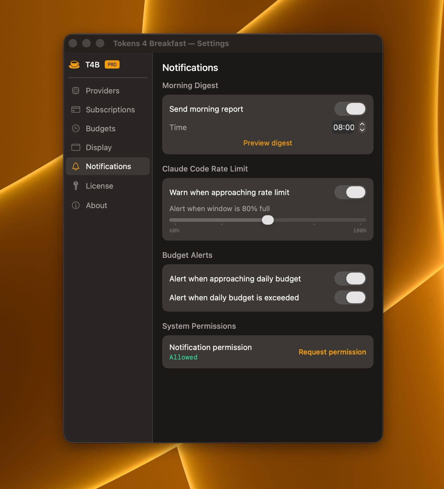 Tokens 4 Breakfast notification settings showing morning digest, Claude Code rate-limit alerts, and budget alerts.