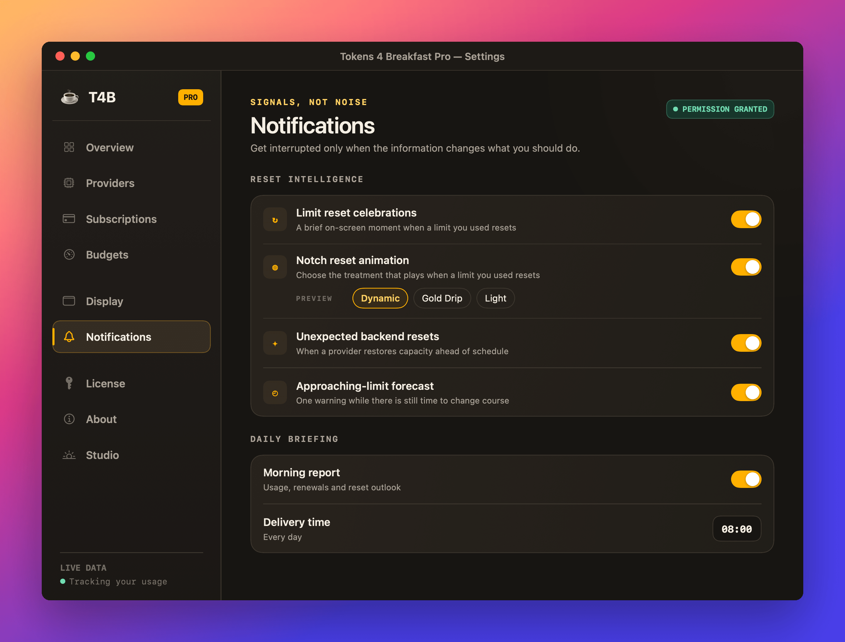 Tokens 4 Breakfast Pro notification settings showing reset intelligence toggles, the notch reset animation treatments, and the daily morning report with its delivery time.