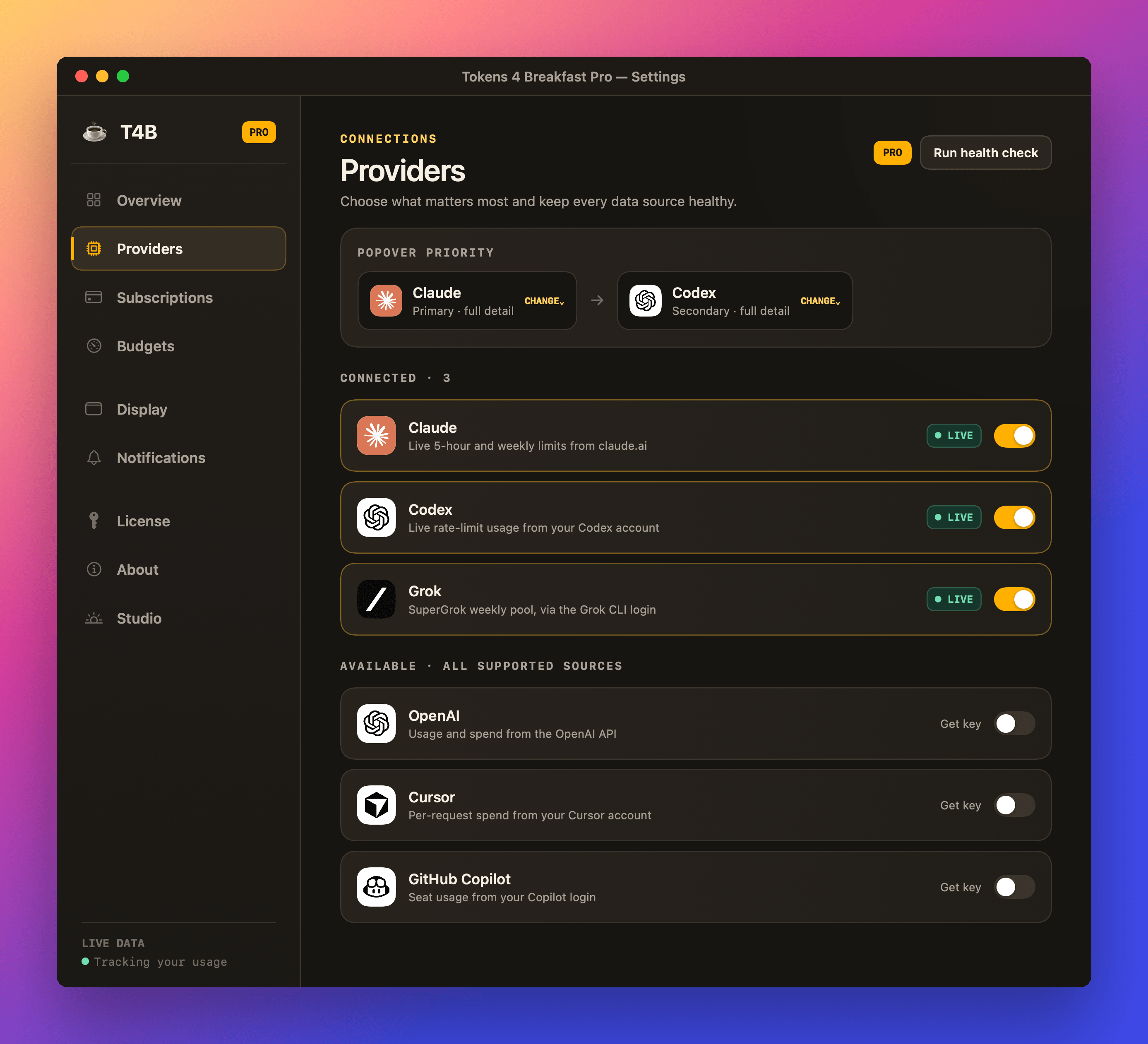 Tokens 4 Breakfast Pro provider settings showing Claude, Codex and Grok connected and live, popover priority controls, and further supported sources ready to connect with a key.