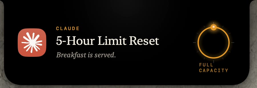 Dynamic reset celebration: the menu bar notch inflated into a panel showing a Claude 5-hour limit reset, with a complete dial at full capacity.
